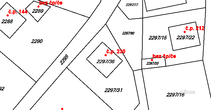 Staré Splavy 230, Doksy na parcele st. 2297/36 v KÚ Doksy u Máchova jezera, Katastrální mapa