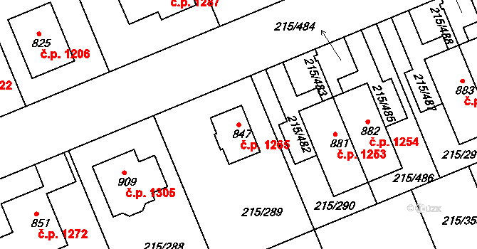 Rudná 1265 na parcele st. 847 v KÚ Hořelice, Katastrální mapa