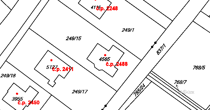 Rožnov pod Radhoštěm 2488 na parcele st. 4565 v KÚ Rožnov pod Radhoštěm, Katastrální mapa