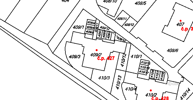 Fryšták 427 na parcele st. 409/2 v KÚ Fryšták, Katastrální mapa
