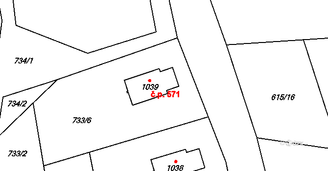 Metylovice 571 na parcele st. 1039 v KÚ Metylovice, Katastrální mapa