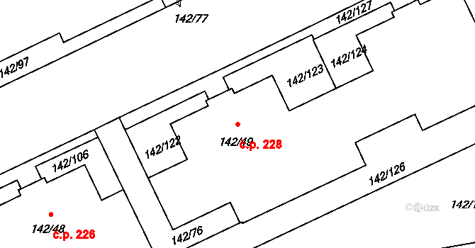 Hrdlořezy 228, Praha na parcele st. 142/49 v KÚ Hrdlořezy, Katastrální mapa