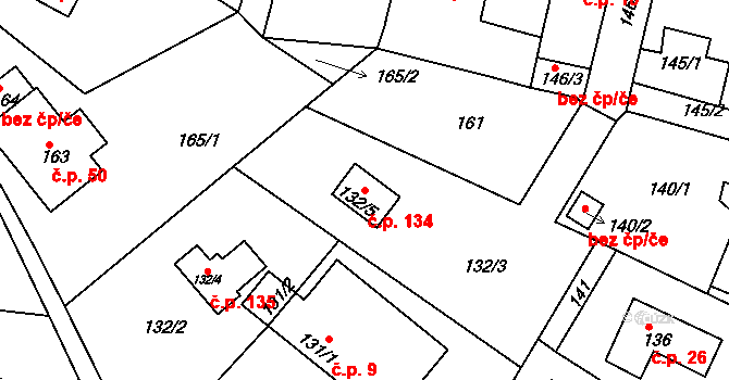 Chaloupky 134 na parcele st. 132/5 v KÚ Chaloupky, Katastrální mapa