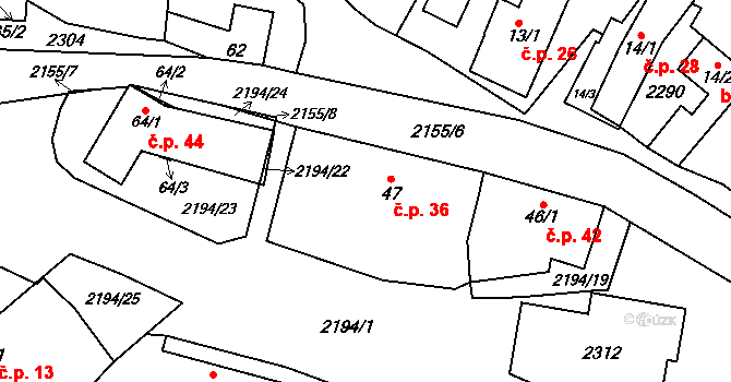 Řetechov 36, Luhačovice na parcele st. 47 v KÚ Řetechov, Katastrální mapa