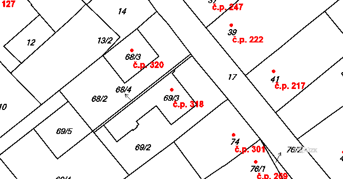 Huštěnovice 318 na parcele st. 69/3 v KÚ Huštěnovice, Katastrální mapa
