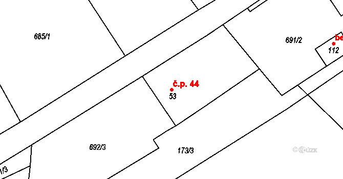 Licomělice 44, Načešice na parcele st. 53 v KÚ Licomělice, Katastrální mapa