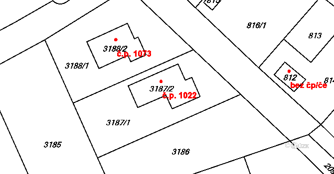 Lužice 1022 na parcele st. 3187/2 v KÚ Lužice u Hodonína, Katastrální mapa