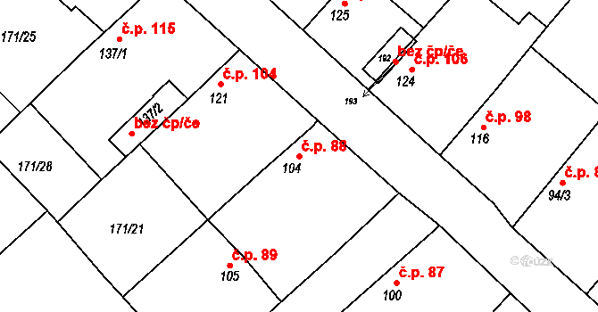 Konětopy 88 na parcele st. 104 v KÚ Konětopy, Katastrální mapa