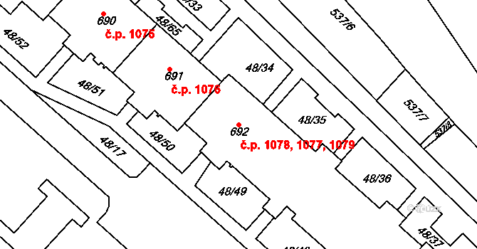 Kralupy nad Vltavou 1077,1078,1079 na parcele st. 692 v KÚ Lobeč, Katastrální mapa