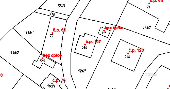 Dolní Jirčany 107, Psáry na parcele st. 518 v KÚ Dolní Jirčany, Katastrální mapa