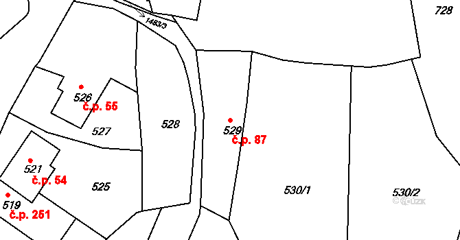 Olomučany 87 na parcele st. 529 v KÚ Olomučany, Katastrální mapa