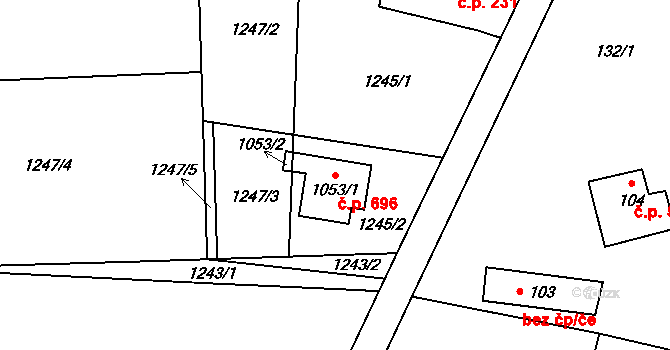 Kudlov 696, Zlín na parcele st. 1053/1 v KÚ Kudlov, Katastrální mapa
