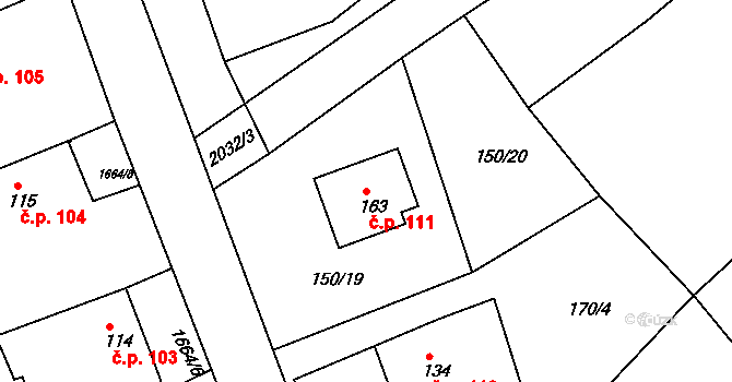 Tis 111 na parcele st. 163 v KÚ Tis u Habrů, Katastrální mapa