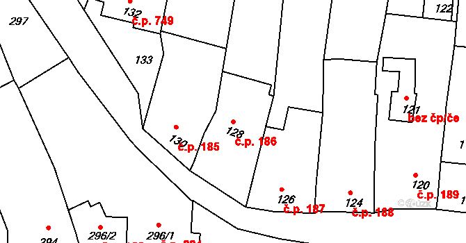 Klobouky u Brna 186 na parcele st. 128 v KÚ Klobouky u Brna, Katastrální mapa
