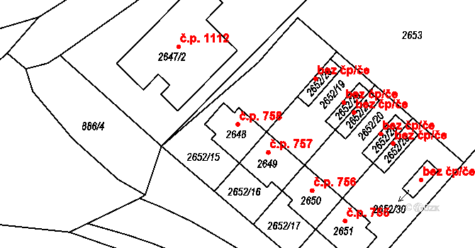 Valtice 758 na parcele st. 2648 v KÚ Valtice, Katastrální mapa