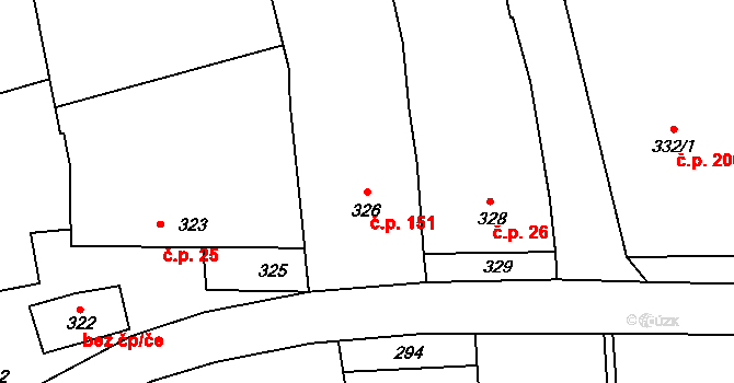 Velké Hostěrádky 151 na parcele st. 326 v KÚ Velké Hostěrádky, Katastrální mapa