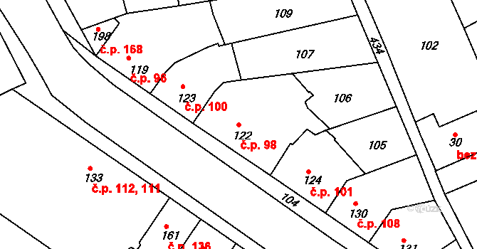Vrbátky 98 na parcele st. 122 v KÚ Vrbátky, Katastrální mapa