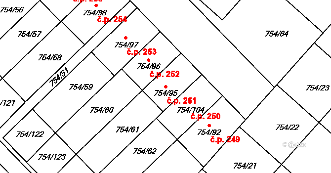Radslavice 251 na parcele st. 754/95 v KÚ Radslavice u Přerova, Katastrální mapa