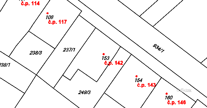 Kovanice 142 na parcele st. 153 v KÚ Kovanice, Katastrální mapa