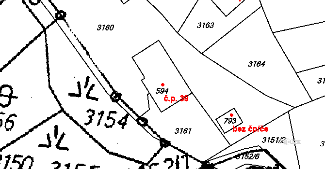 Koberovy 39 na parcele st. 594 v KÚ Koberovy, Katastrální mapa