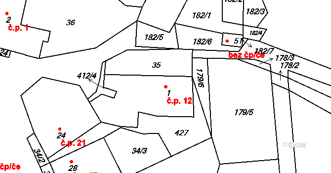 Vržanov 12, Kamenice na parcele st. 1 v KÚ Vržanov, Katastrální mapa