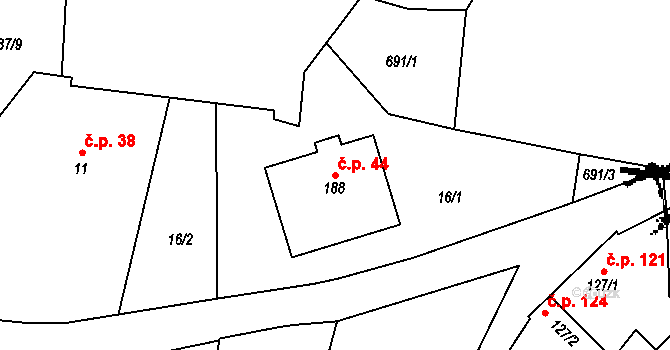 Libodřice 44 na parcele st. 188 v KÚ Libodřice, Katastrální mapa