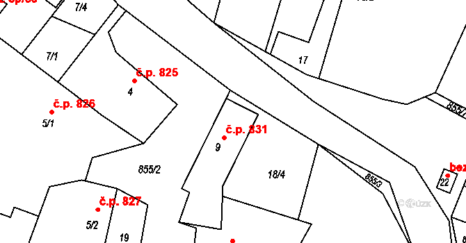 Těptín 831, Kamenice na parcele st. 9 v KÚ Těptín, Katastrální mapa