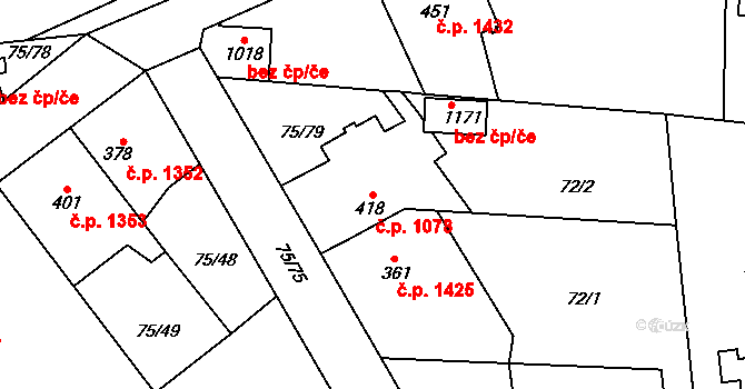 Švermov 1078, Kladno na parcele st. 418 v KÚ Hnidousy, Katastrální mapa