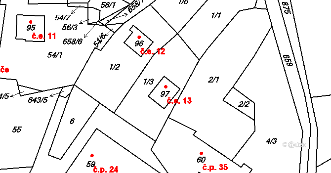Kořen 13, Olbramov na parcele st. 97 v KÚ Kořen, Katastrální mapa