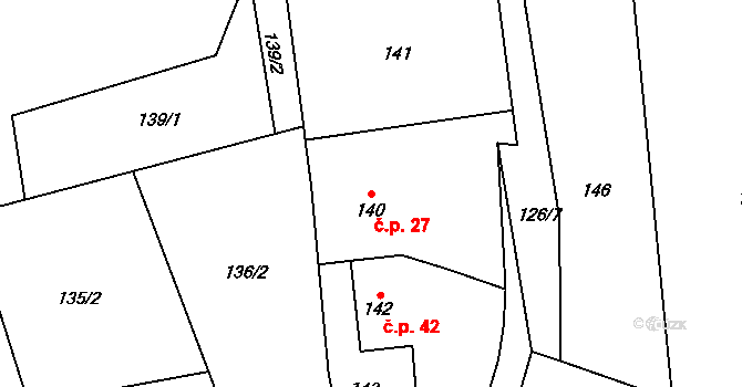 Hřibsko 27, Stěžery na parcele st. 140 v KÚ Hřibsko, Katastrální mapa
