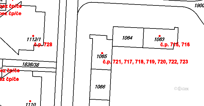 Uničov 717,718,719,720,721, na parcele st. 1065 v KÚ Uničov, Katastrální mapa