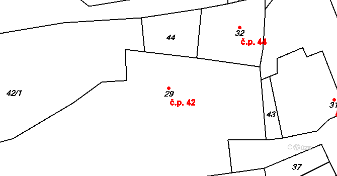 Běchary 42 na parcele st. 29 v KÚ Běchary, Katastrální mapa