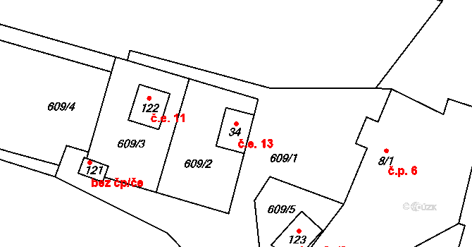 Mošnice 13, Snědovice na parcele st. 34 v KÚ Mošnice, Katastrální mapa