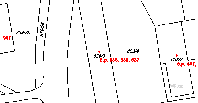 Jilemnice 635,636,637 na parcele st. 838/3 v KÚ Jilemnice, Katastrální mapa