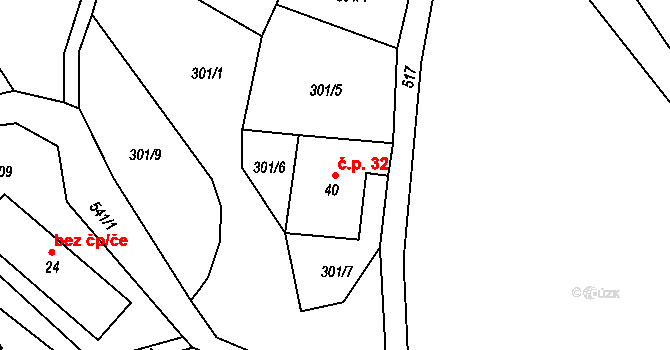 Čábuze 32, Vacov na parcele st. 40 v KÚ Čábuze, Katastrální mapa