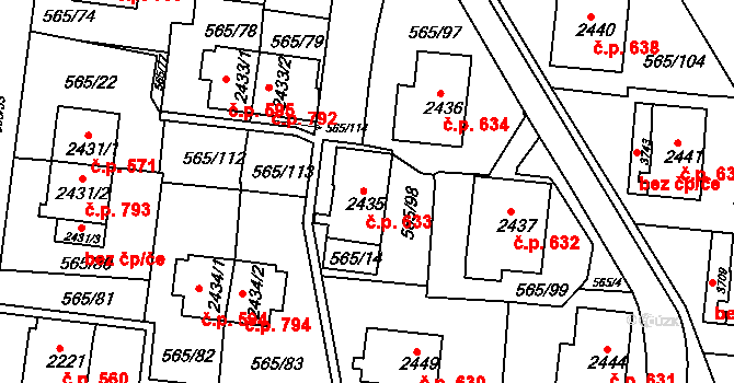 Borovina 633, Třebíč na parcele st. 2435 v KÚ Třebíč, Katastrální mapa