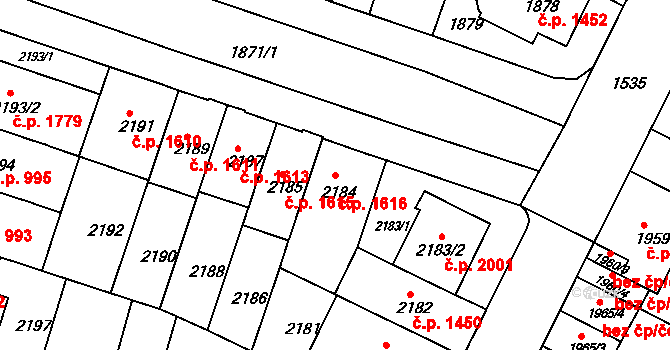 Černá Pole 1616, Brno na parcele st. 2184 v KÚ Černá Pole, Katastrální mapa