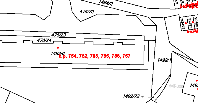 Železný Brod 752,753,754,755,756, na parcele st. 1492/6 v KÚ Železný Brod, Katastrální mapa