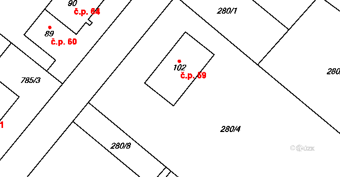 Svépravice 59 na parcele st. 102 v KÚ Svépravice, Katastrální mapa