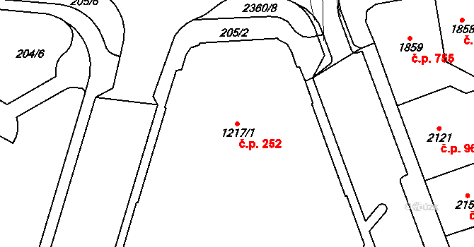 Cheb 252 na parcele st. 1217/1 v KÚ Cheb, Katastrální mapa