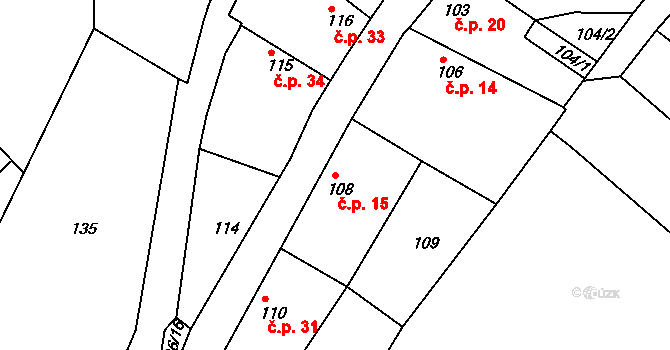 Skuhrov 15, Velký Borek na parcele st. 108 v KÚ Skuhrov u Mělníka, Katastrální mapa