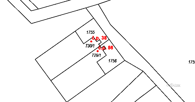 Tušť 56, Suchdol nad Lužnicí na parcele st. 729/1 v KÚ Tušť, Katastrální mapa