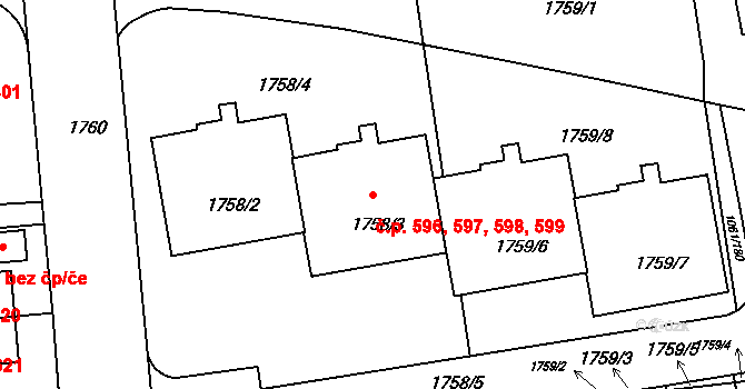 Liboc 596,597,598,599, Praha na parcele st. 1758/3 v KÚ Liboc, Katastrální mapa