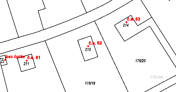 Lhotka 62, Svinaře na parcele st. 213 v KÚ Svinaře, Katastrální mapa