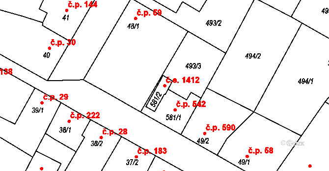Sezimovo Ústí 1412 na parcele st. 581/2 v KÚ Sezimovo Ústí, Katastrální mapa
