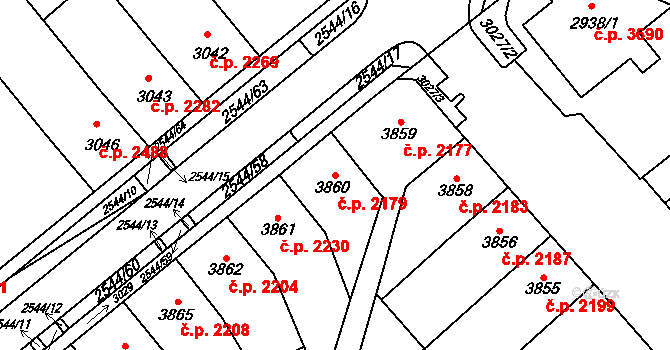 Chomutov 2179 na parcele st. 3860 v KÚ Chomutov I, Katastrální mapa