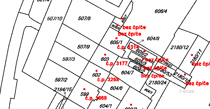 Chomutov 3177 na parcele st. 603 v KÚ Chomutov I, Katastrální mapa