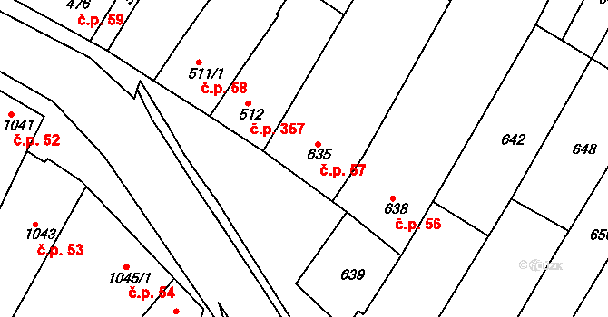Blučina 57 na parcele st. 635 v KÚ Blučina, Katastrální mapa