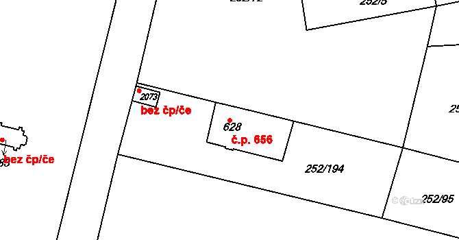 Rosice 656 na parcele st. 628 v KÚ Rosice u Brna, Katastrální mapa
