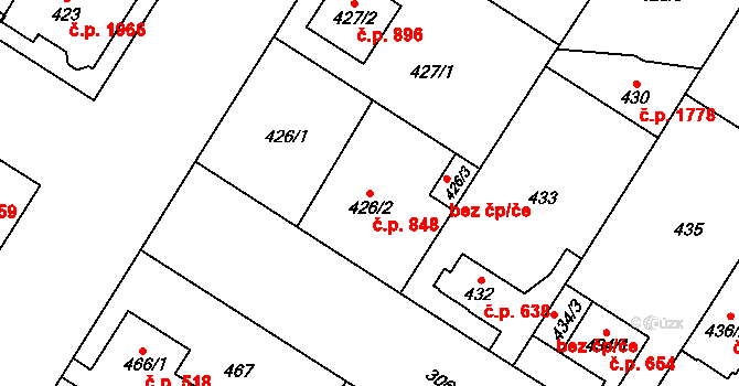 Bolevec 848, Plzeň na parcele st. 426/2 v KÚ Bolevec, Katastrální mapa